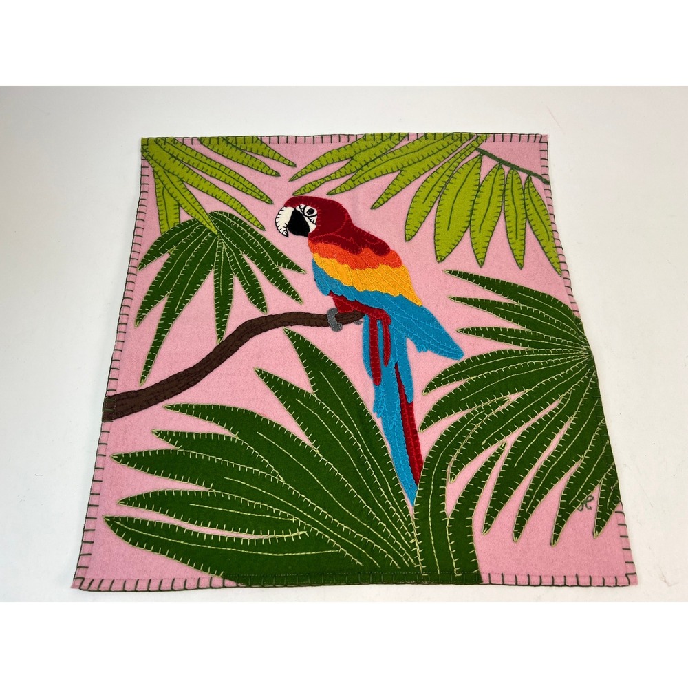 Jan Constantine England Parrot Embroidered Pink Felt Pillow Cover Decor